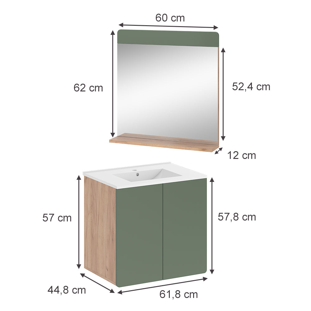 Vicco Set di mobili da bagno Goldkraft rovere/verde 3 parti con specchio