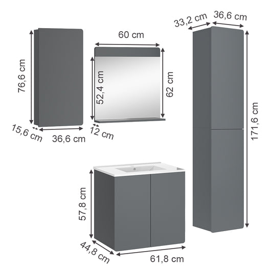 Vicco Set mobili bagno Grigio 4 parti