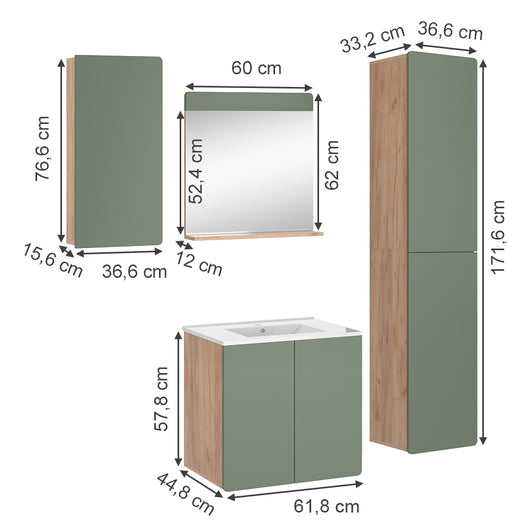 Vicco Set di mobili da bagno Goldkraft rovere/verde 5 pezzi con colonna e pensili