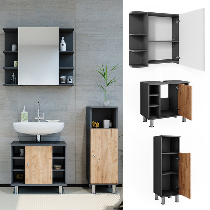 Vicco Armadio a specchio per il bagno Antracite/quercia dorata 3 pezzi con unità midi
