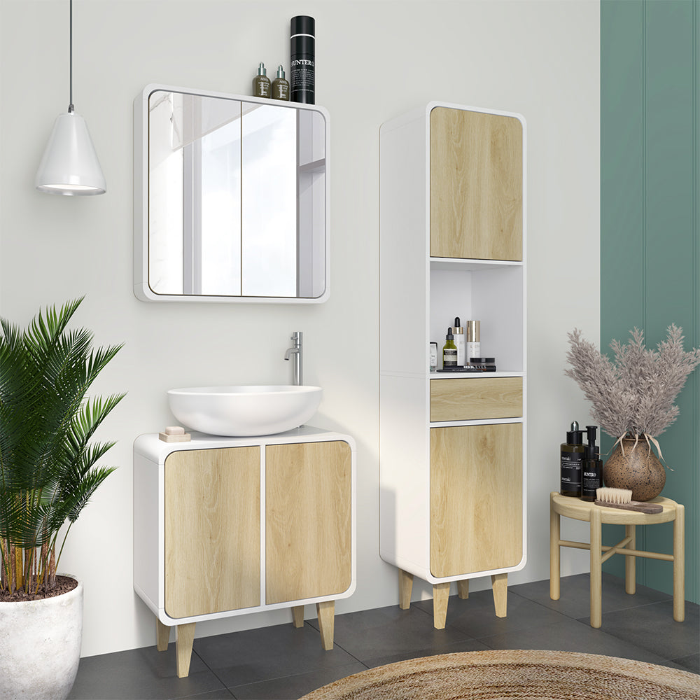 Vicco Set di mobili da bagno Bianco/quercia 3 parti, con colonna