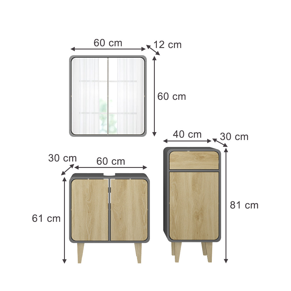 Vicco Set di mobili da bagno Antracite/quercia 3 pezzi, con cabinet midi