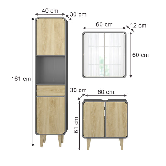Vicco Set di mobili da bagno Antracite/quercia 3 parti, con colonna