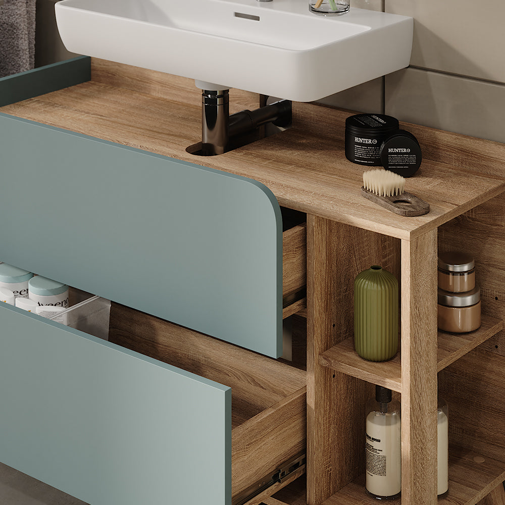 Vicco Mobiletto per lavabo Sonoma/blu 100 x 65 cm con 2 cassetti