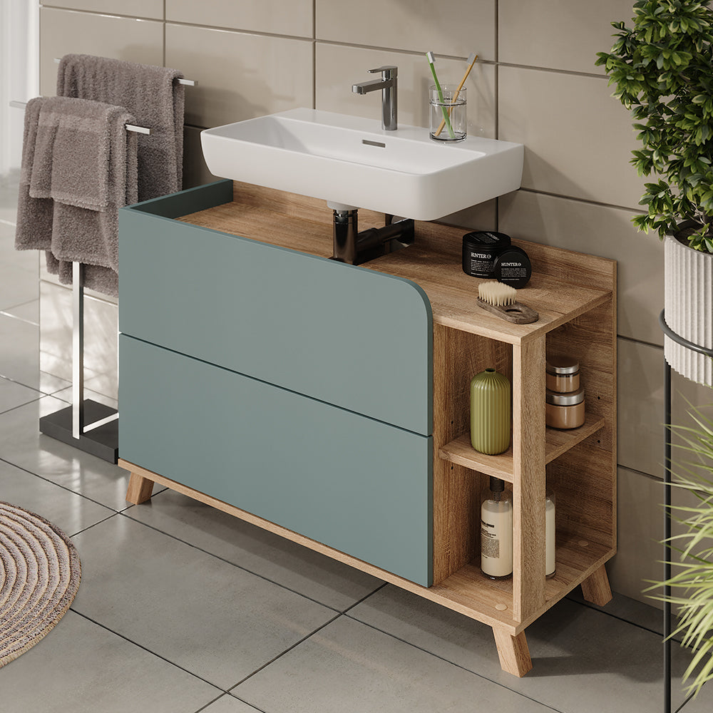 Vicco Mobiletto per lavabo Sonoma/blu 100 x 65 cm con 2 cassetti