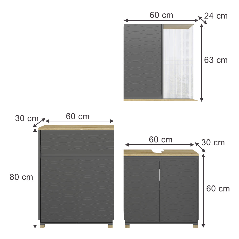 Vicco Set di mobili da bagno Antracite/quercia 3 parti, con ripiano per il bagno