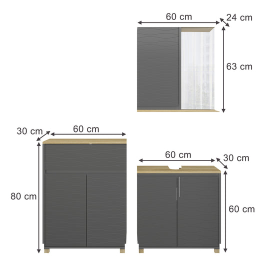 Vicco Set di mobili da bagno Antracite/quercia 3 parti, con ripiano per il bagno
