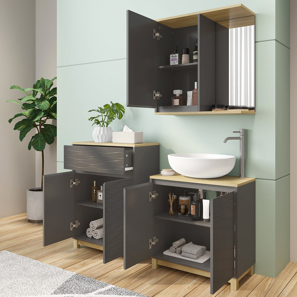 Vicco Set di mobili da bagno Antracite/quercia 3 parti, con ripiano per il bagno