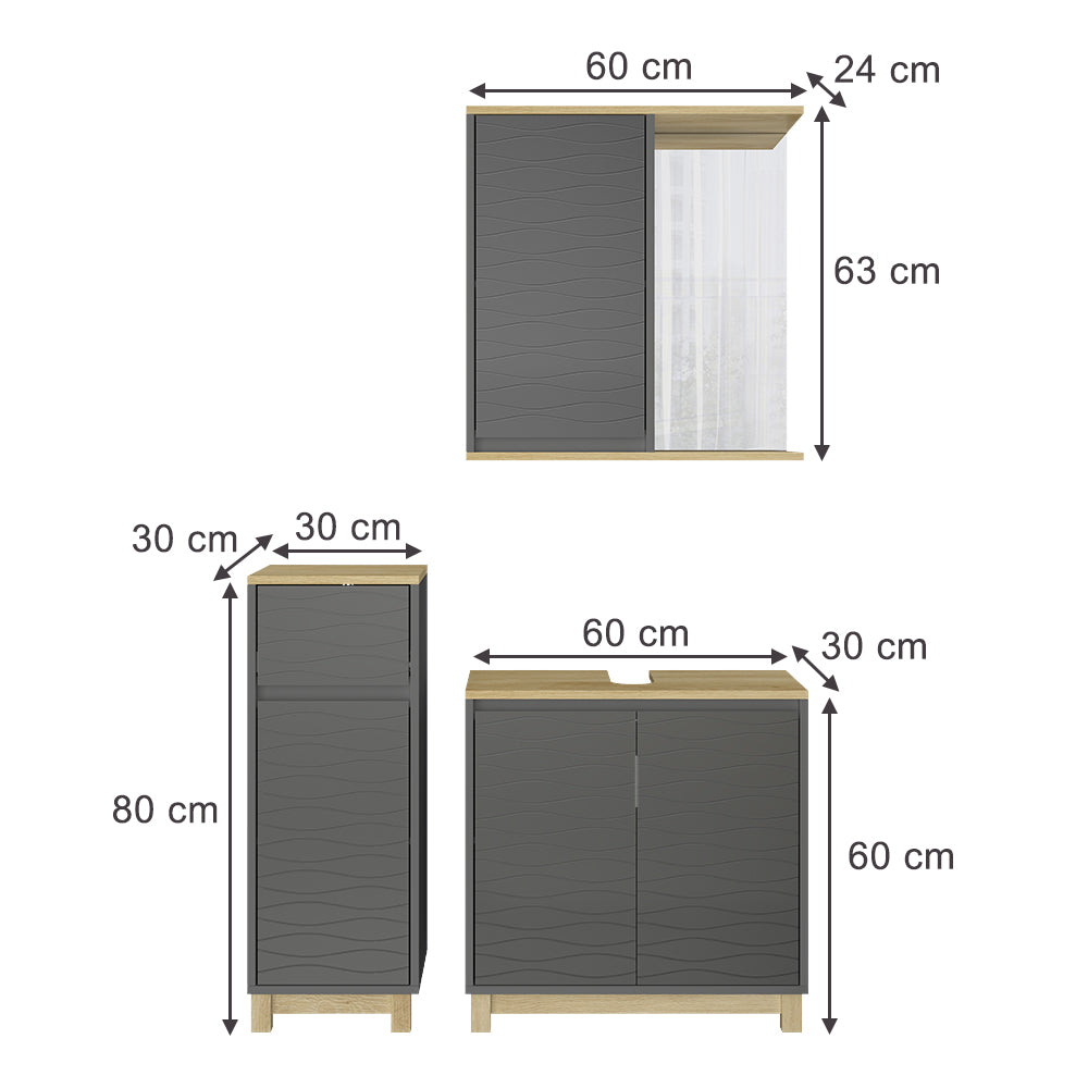 Vicco Set di mobili da bagno Antracite/quercia 3 pezzi, con cabinet midi