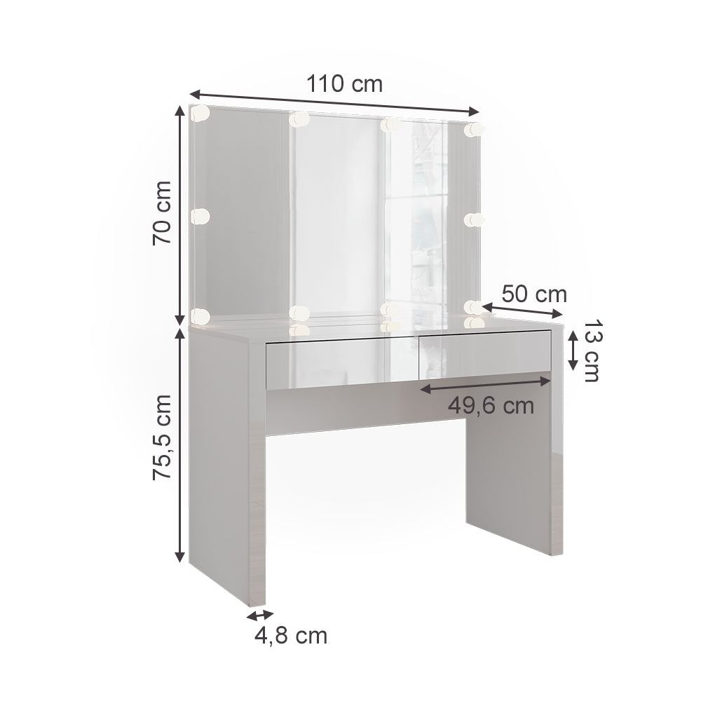 Vicco Tavolo da toilette Bianco lucido/bianco 110 cm con specchio e lampade