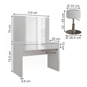 Vicco Tavolino da toilette Bianco lucido/bianco 110 cm con specchio e sgabello