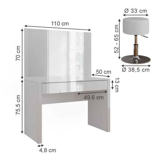 Vicco Tavolino da toilette Bianco lucido/bianco 110 cm con specchio e sgabello