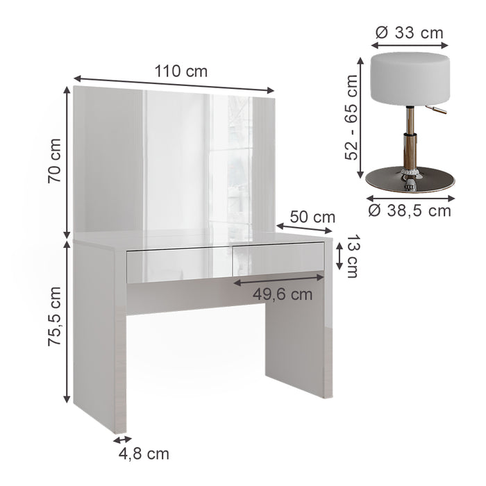 Vicco Tavolino da toilette Bianco lucido/bianco 110 cm con specchio e sgabello