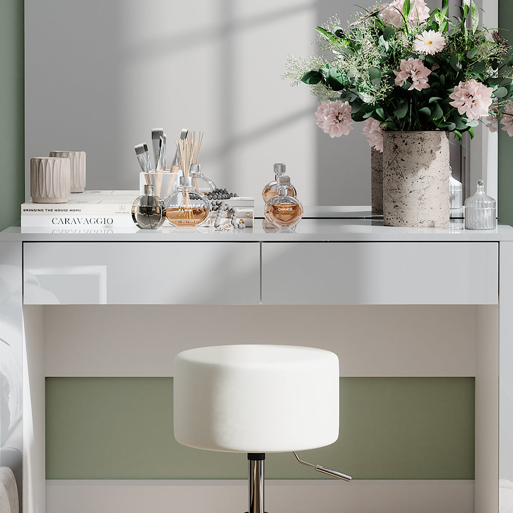 Vicco Tavolino da toilette Bianco lucido/bianco 110 cm con specchio e sgabello