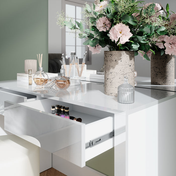 Vicco Tavolino da toilette Bianco lucido/bianco 110 cm con specchio e sgabello