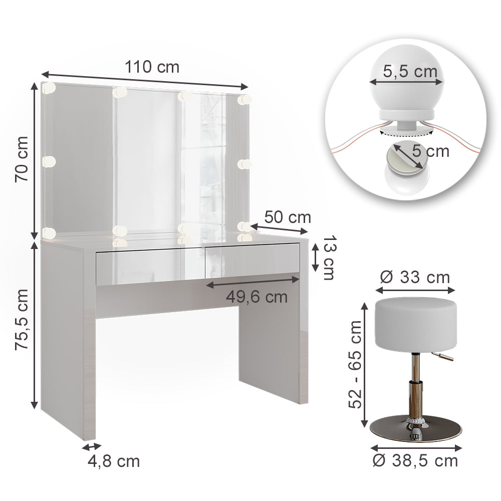Vicco Tavolo da toilette Bianco lucido/bianco 110 cm con illuminazione a LED e sgabello