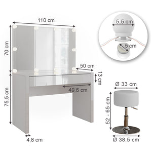 Vicco Tavolo da toilette Bianco lucido/bianco 110 cm con illuminazione a LED e sgabello