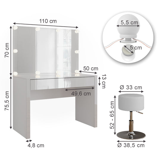 Vicco Tavolo da toilette Bianco lucido/bianco 110 cm con illuminazione a LED e sgabello