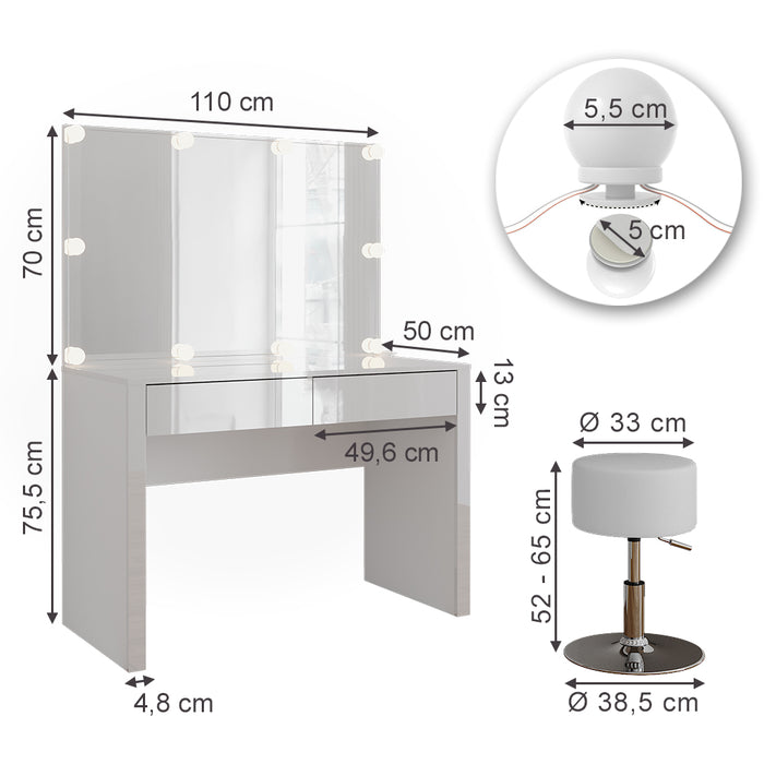 Vicco Tavolo da toilette Bianco lucido/bianco 110 cm con illuminazione a LED e sgabello