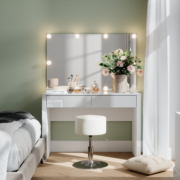 Vicco Tavolo da toilette Bianco lucido/bianco 110 cm con illuminazione a LED e sgabello
