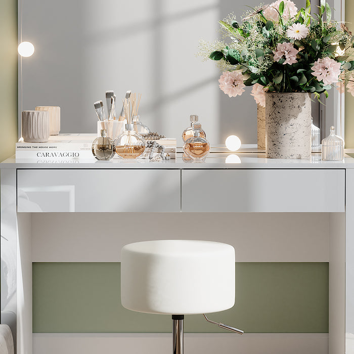 Vicco Tavolo da toilette Bianco lucido/bianco 110 cm con illuminazione a LED e sgabello