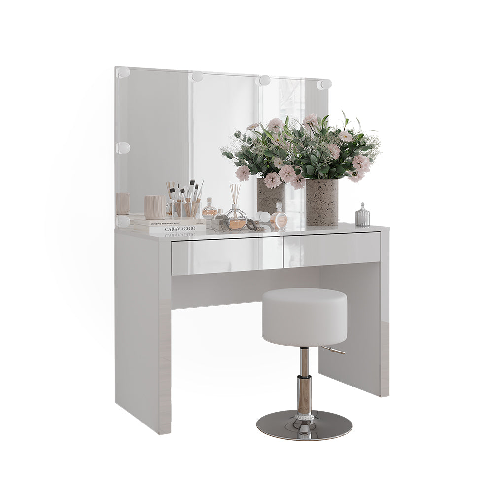 Vicco Tavolo da toilette Bianco lucido/bianco 110 cm con illuminazione a LED e sgabello