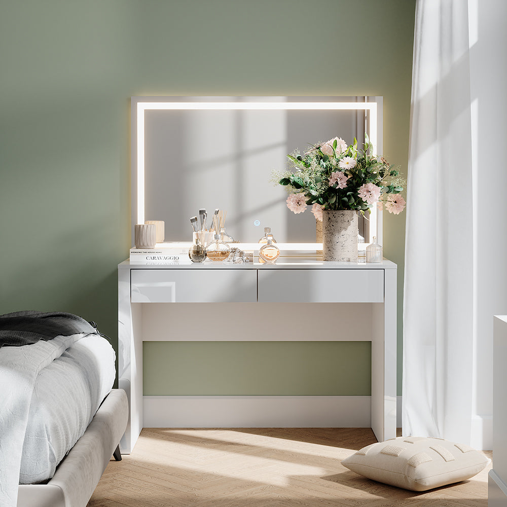 Vicco Tavolo da toilette Bianco lucido/bianco 110 cm con specchio a LED