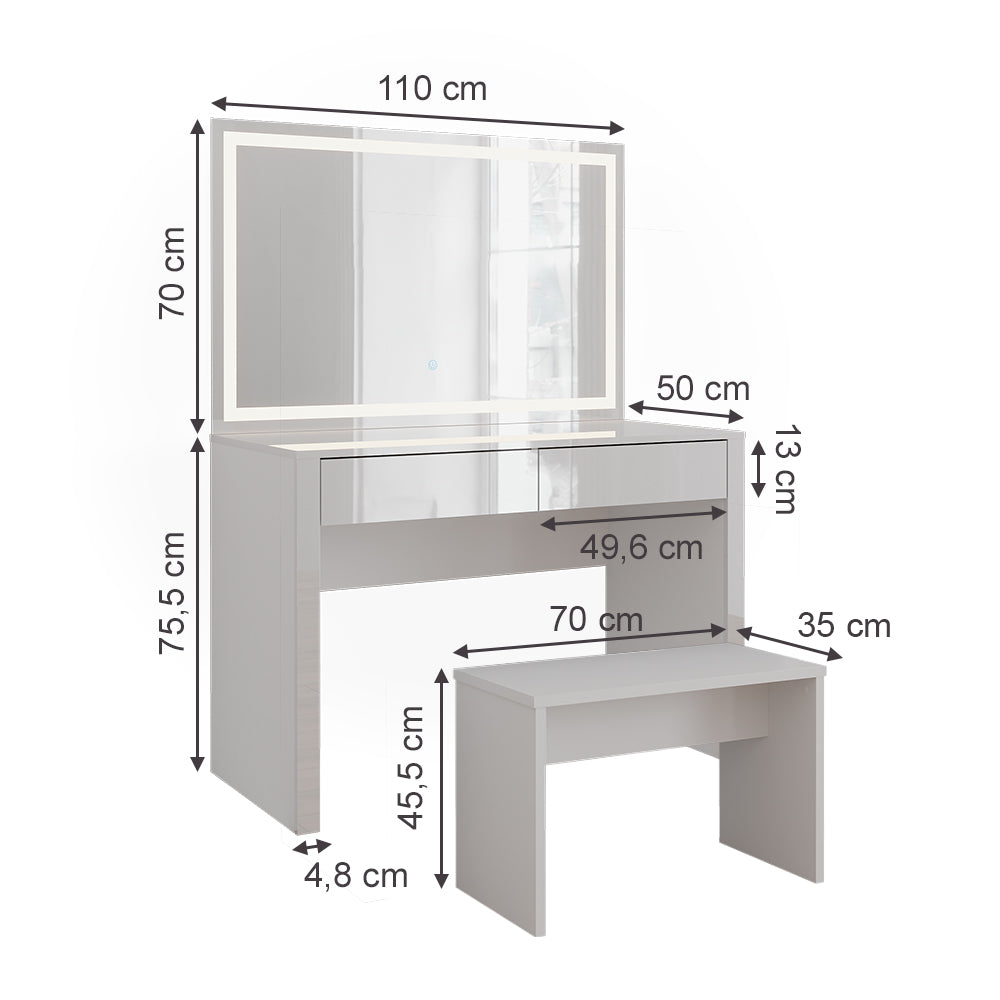 Vicco Tavolo da toilette Bianco lucido/bianco 110 cm con specchio a LED e panca