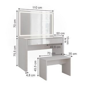 Vicco Tavolo da toilette Bianco lucido/bianco 110 cm con specchio a LED e panca