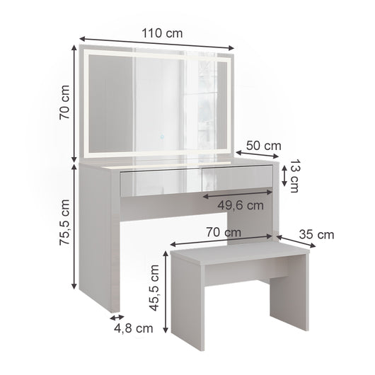Vicco Tavolo da toilette Bianco lucido/bianco 110 cm con specchio a LED e panca