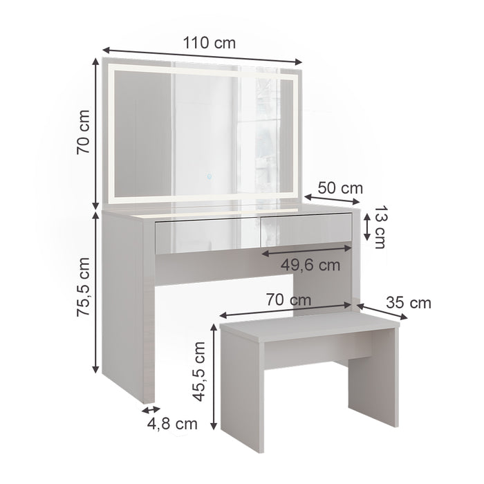 Vicco Tavolo da toilette Bianco lucido/bianco 110 cm con specchio a LED e panca