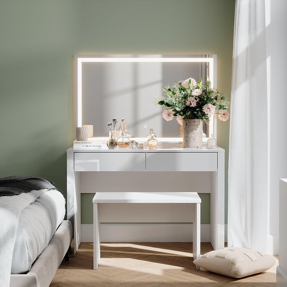 Vicco Tavolo da toilette Bianco lucido/bianco 110 cm con specchio a LED e panca