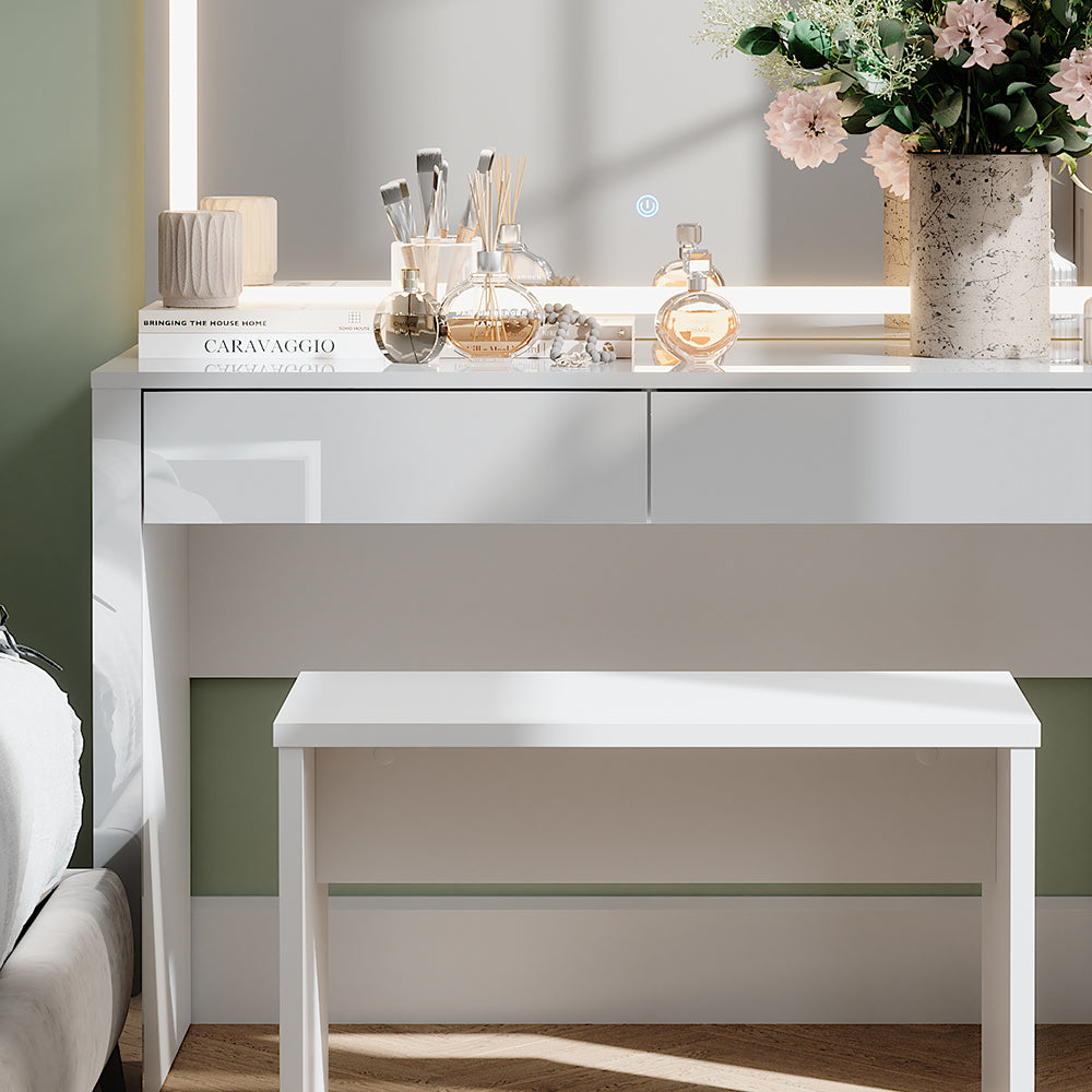 Vicco Tavolo da toilette Bianco lucido/bianco 110 cm con specchio a LED e panca