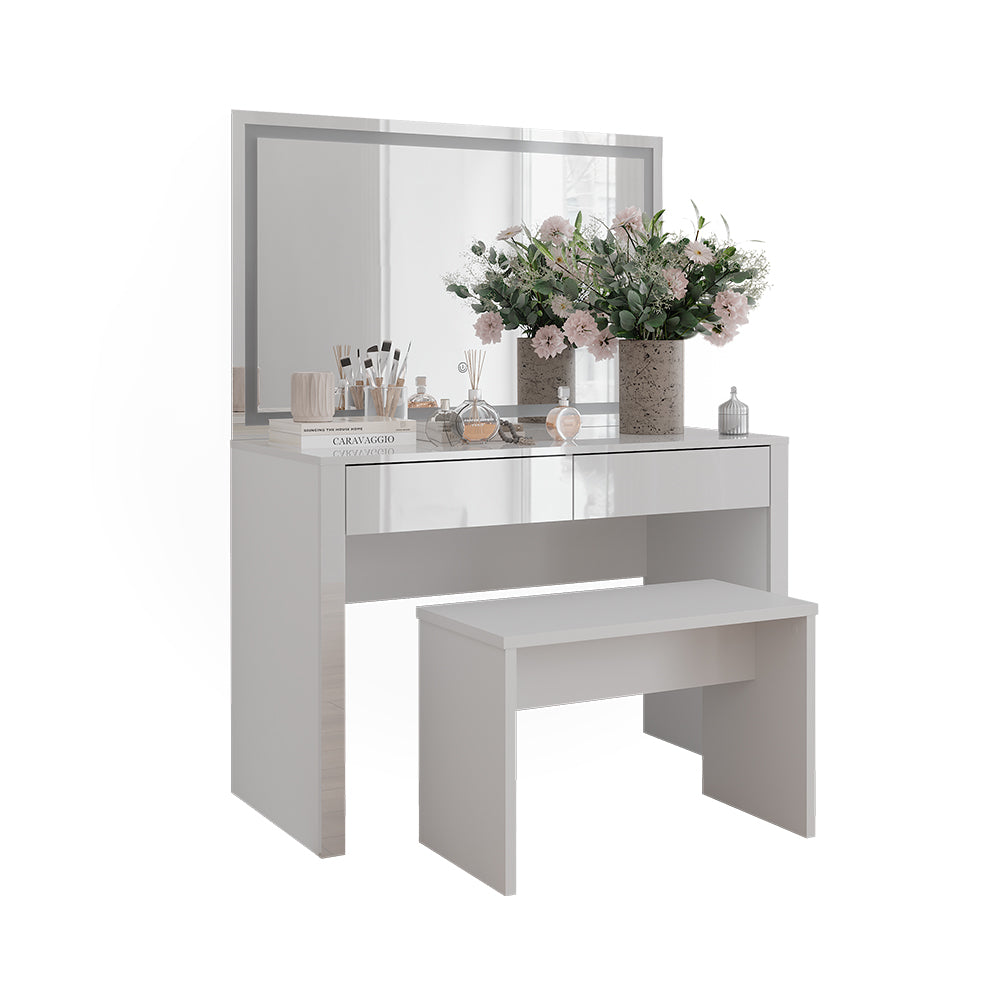 Vicco Tavolo da toilette Bianco lucido/bianco 110 cm con specchio a LED e panca