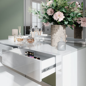 Vicco Tavolo da toilette Bianco lucido/bianco 110 cm con specchio a LED e panca