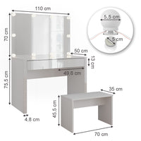 Vicco Tavolo da toilette Bianco lucido/bianco 110 cm con illuminazione a LED e panca