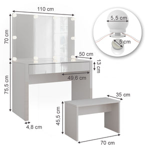Vicco Tavolo da toilette Bianco lucido/bianco 110 cm con illuminazione a LED e panca
