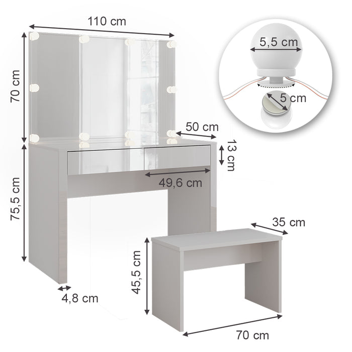 Vicco Tavolo da toilette Bianco lucido/bianco 110 cm con illuminazione a LED e panca