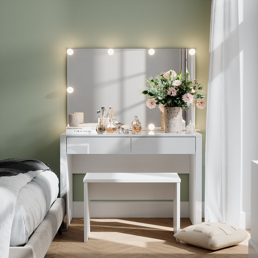 Vicco Tavolo da toilette Bianco lucido/bianco 110 cm con illuminazione a LED e panca