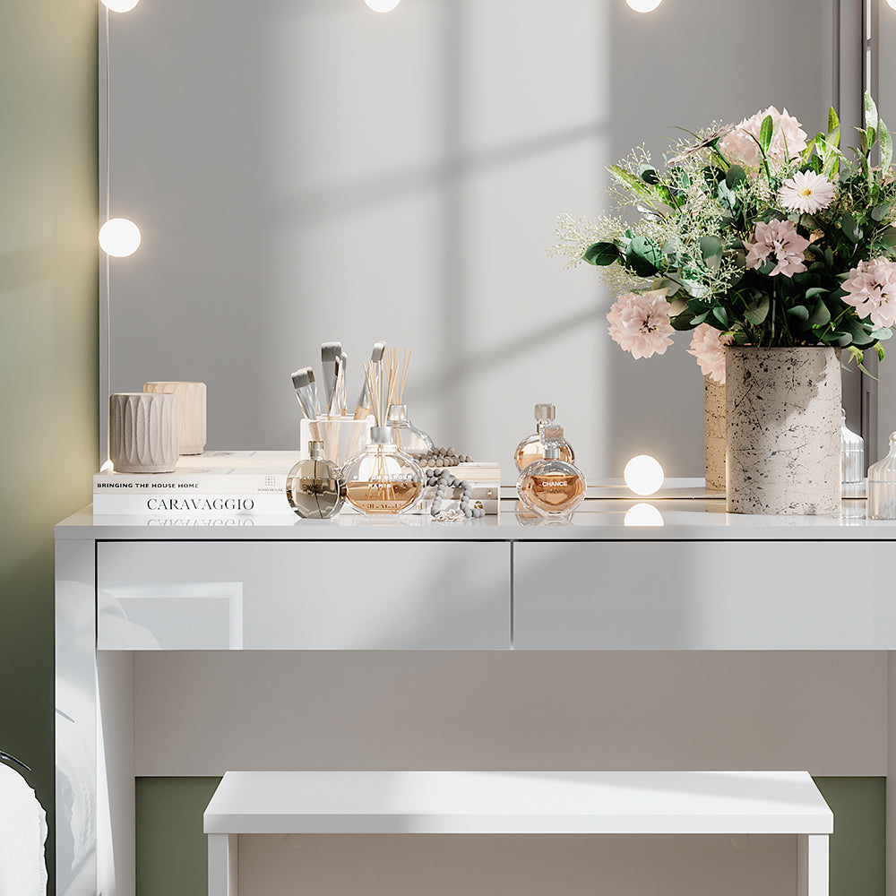 Vicco Tavolo da toilette Bianco lucido/bianco 110 cm con illuminazione a LED e panca