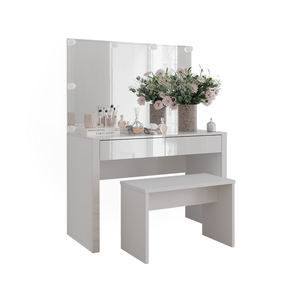 Vicco Tavolo da toilette Bianco lucido/bianco 110 cm con illuminazione a LED e panca