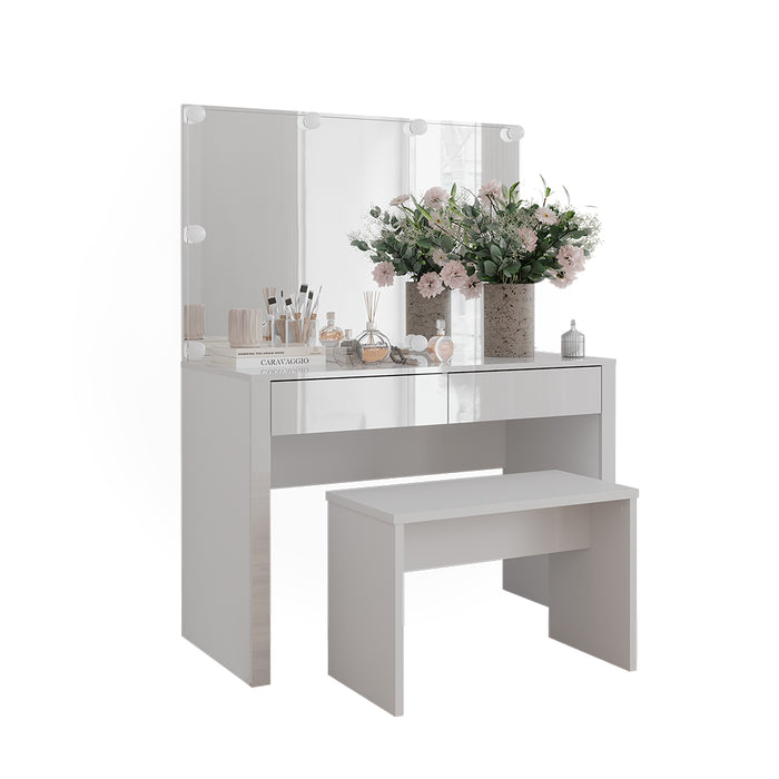 Vicco Tavolo da toilette Bianco lucido/bianco 110 cm con illuminazione a LED e panca
