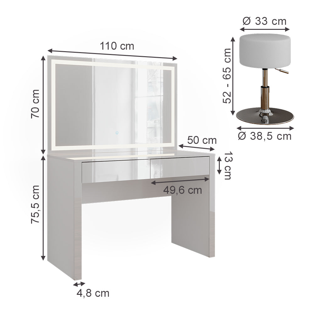 Vicco Tavolo da toilette Bianco lucido/bianco 110 cm con specchio LED e sgabello