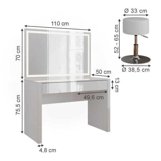 Vicco Tavolo da toilette Bianco lucido/bianco 110 cm con specchio LED e sgabello