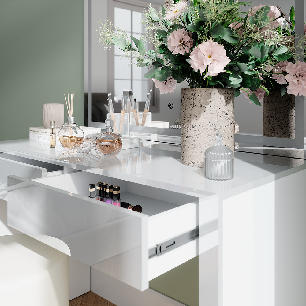 Vicco Tavolo da toilette Bianco lucido/bianco 110 cm con specchio LED e sgabello