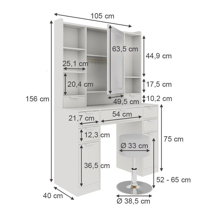 Vicco Tavolo da toeletta Bianco 105 cm con specchio LED e sgabello