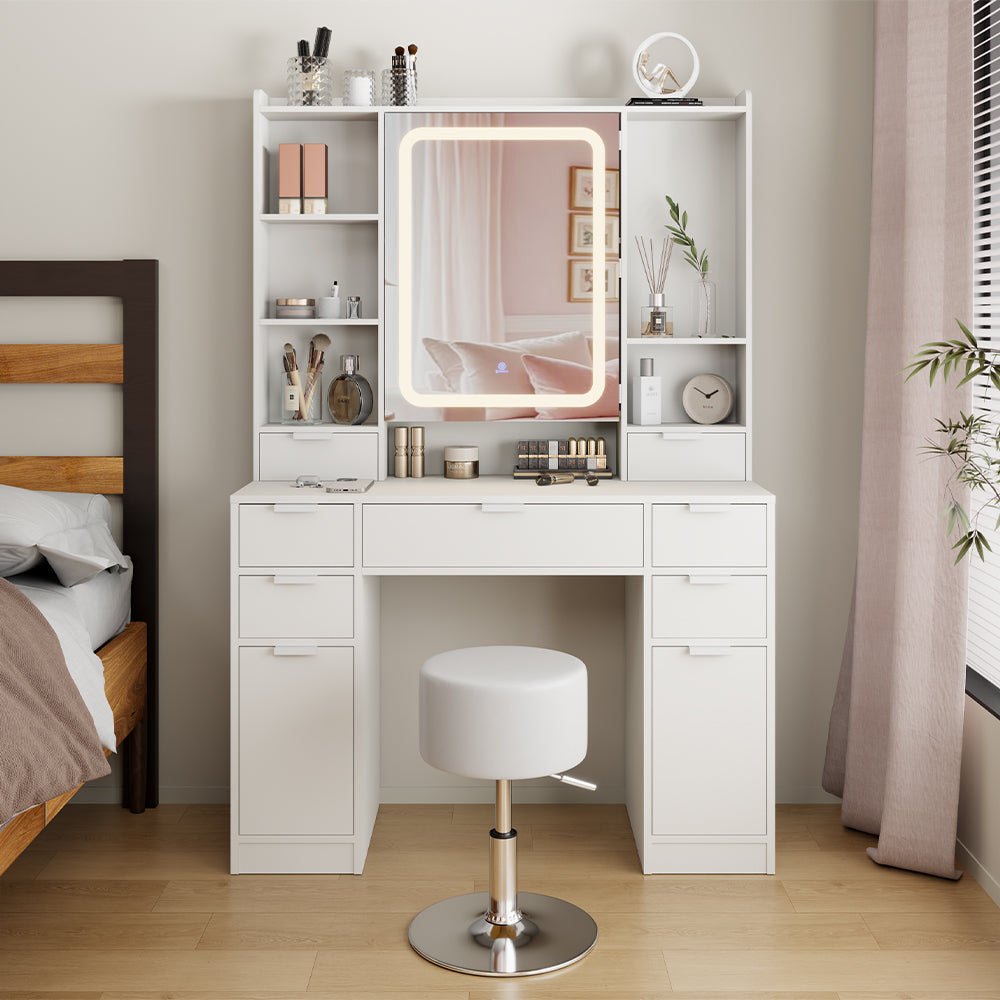 Vicco Tavolo da toeletta Bianco 105 cm con specchio LED e sgabello