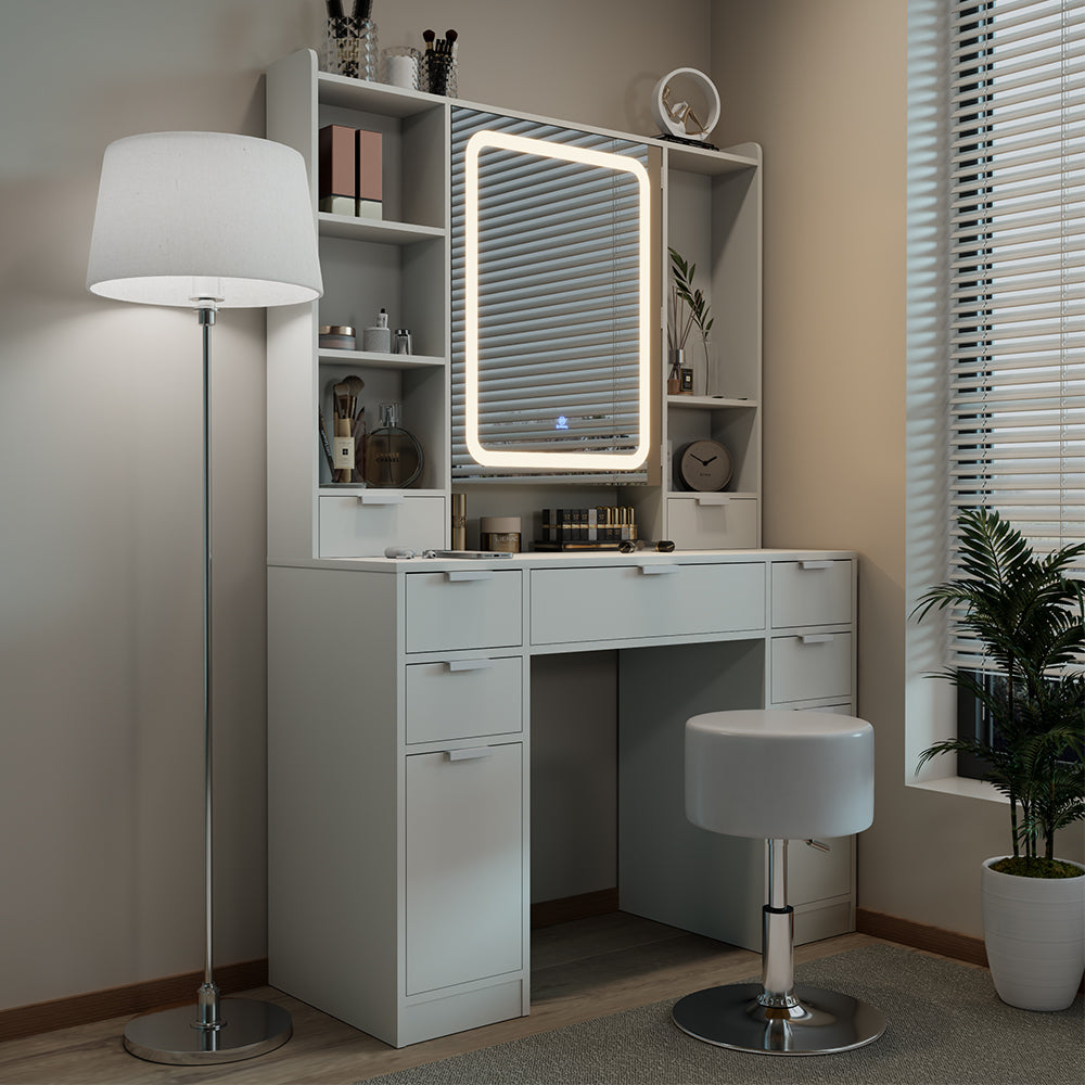 Vicco Tavolo da toeletta Bianco 105 cm con specchio LED e sgabello