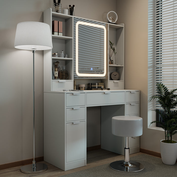 Vicco Tavolo da toeletta Bianco 105 cm con specchio LED e sgabello