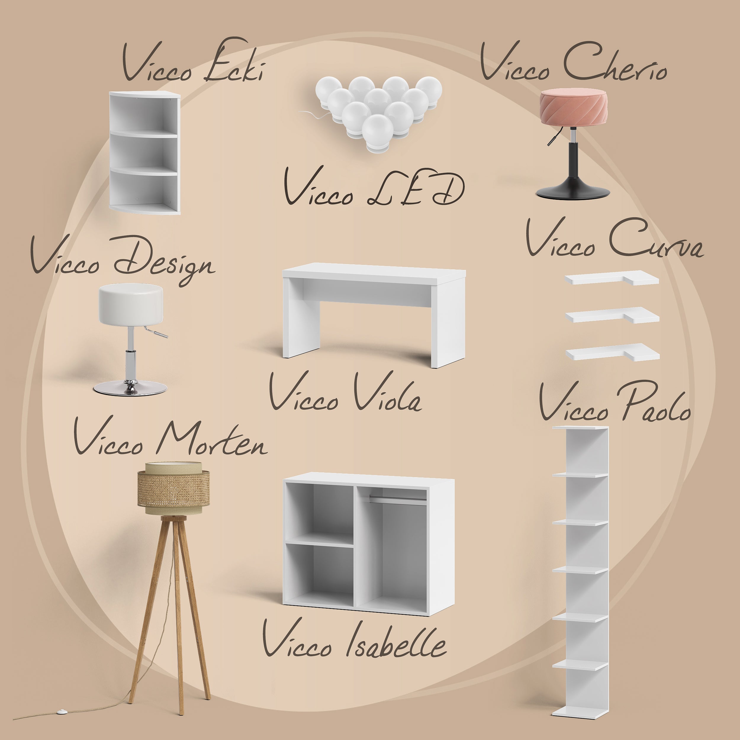 Vicco Tavolo da toeletta Bianco 105 cm con specchio LED e sgabello